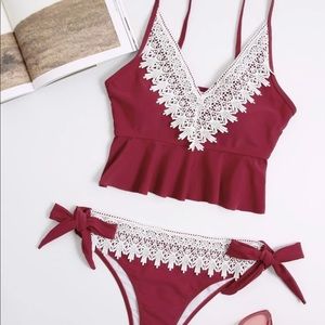 Crochet Trim Ruffle Hem Tie Side Bikini Swimsuit